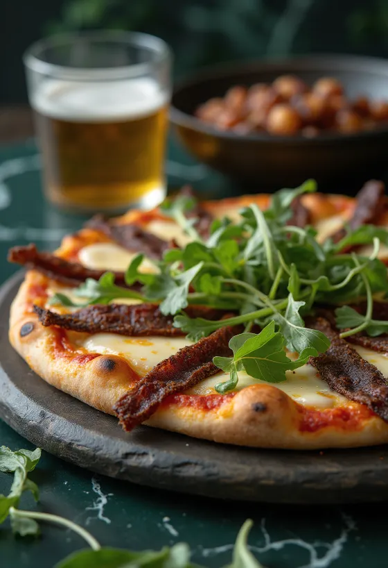 South African pizza topped with Biltong and fresh arugula