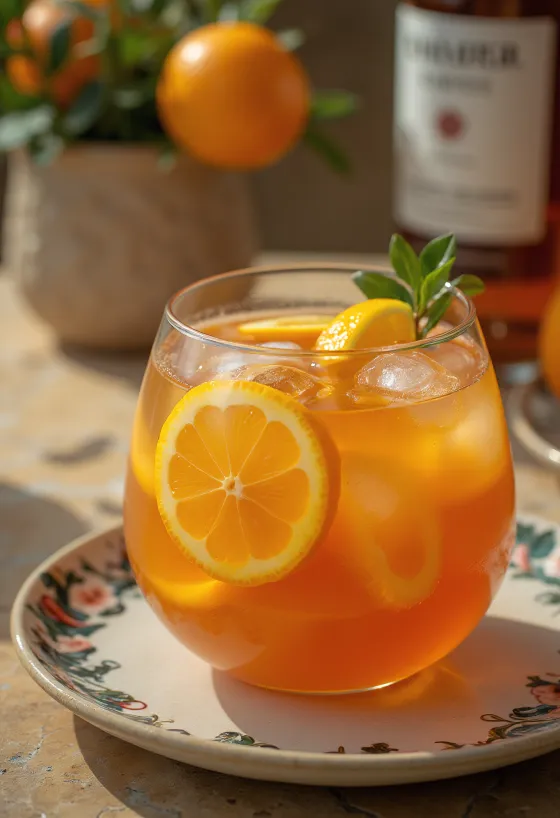 Rum punch with fruit pieces and ice