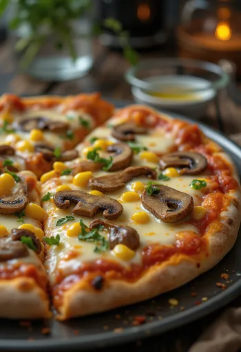 Vegan pizza topped with melting vegan cheese and fresh vegetables