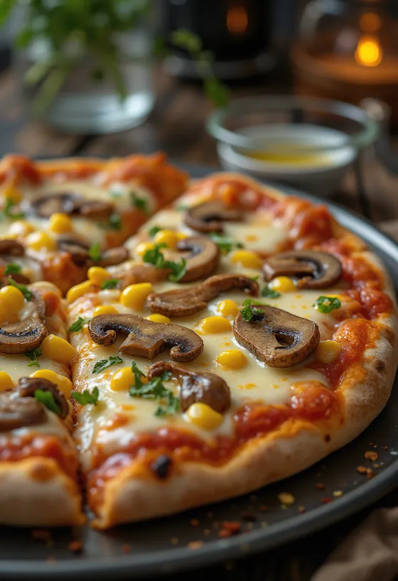 Vegan pizza topped with melting vegan cheese and fresh vegetables