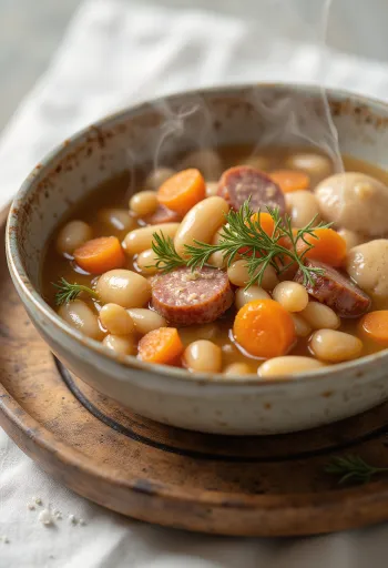 Hearty bean soup with smoked meat and small pinched noodles.