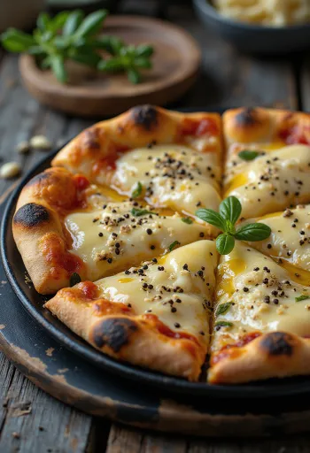 Pizza al Pepe with various cheeses and fresh peppercorns