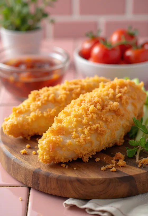 Golden brown fried chicken cutlets served with fresh salad.