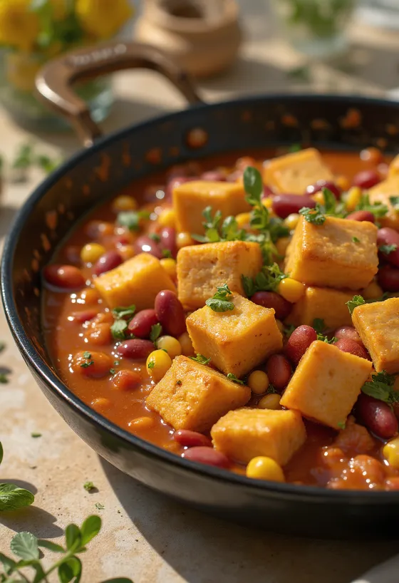 Spiced tofu with beans served
