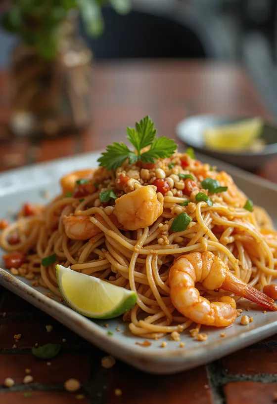 Pad Thai with rice noodles served with lime wedges