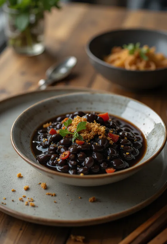 Black bean sauce served with rice and vegetables