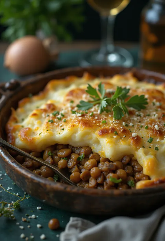 Vegetarian Lentil Shepherd’s Pie topped with golden mashed potatoes
