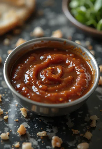 Bowl of dark, rich BBQ sauce made with stout beer.