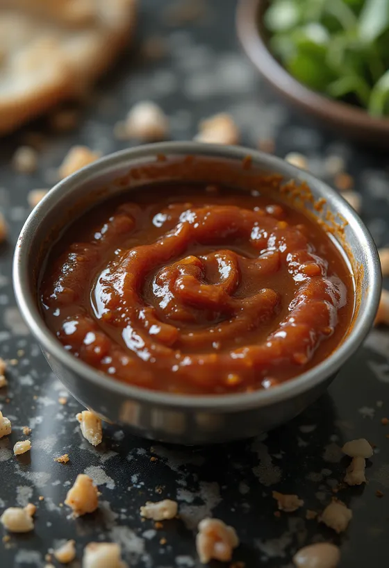 Bowl of dark, rich BBQ sauce made with stout beer.