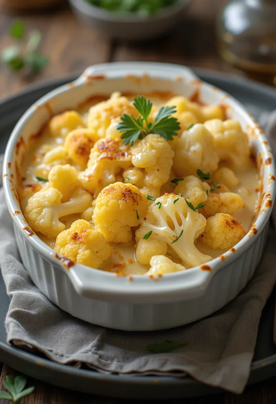 Creamy cauliflower gratin with fresh herbs.