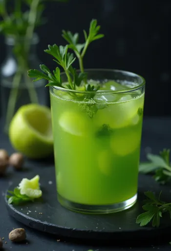 Celery juice in a tall glass garnished with fresh celery stalks