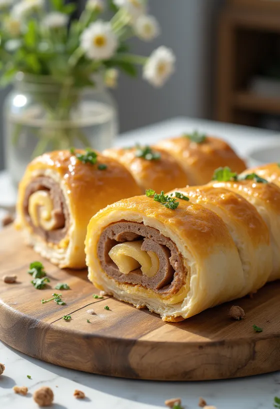 Golden brown meat roll served with fresh vegetables and sauce.