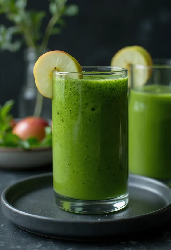 Green smoothie in a tall glass garnished with fresh vegetables