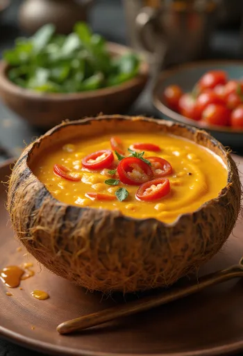 Bowl of spicy coconut lime sauce with chili peppers.