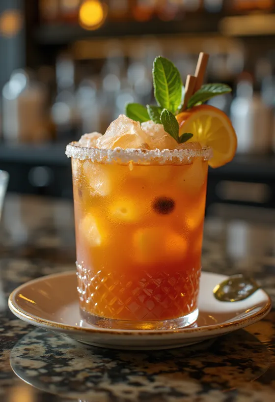 Zombie cocktail with mint sprig and orange slice