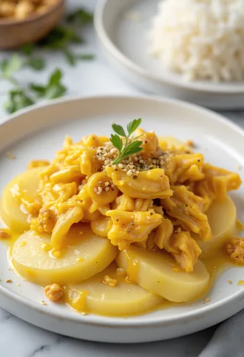 Creamy yellow chicken stew topped with walnuts, served with rice