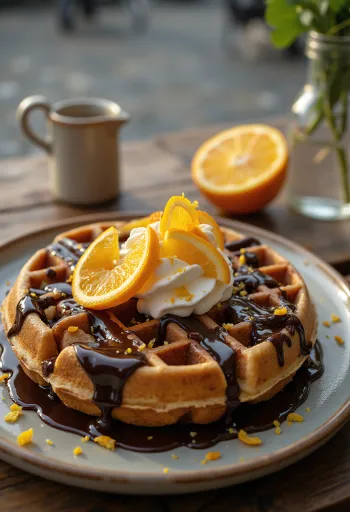 Belgian chocolate orange waffles served