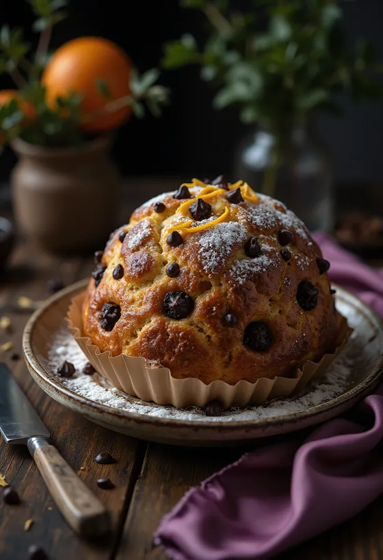 Panettone with chocolate, served on a nice plate