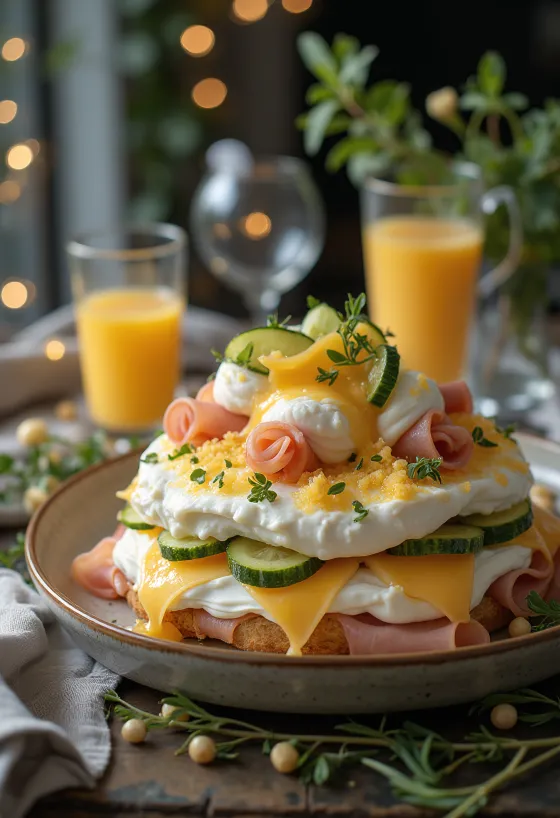 Ham and cheese sandwich cake garnished with fresh vegetables