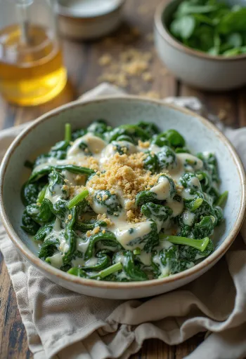 Creamy spinach cooked fresh, served on a white plate.