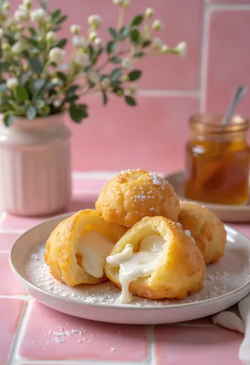 Ricotta stuffed æbleskiver, golden brown, served dusted with powdered sugar