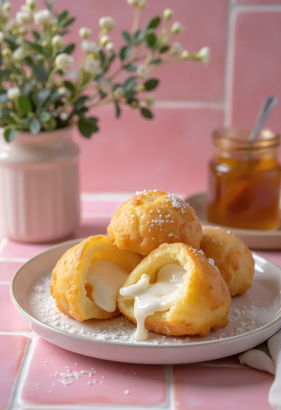 Ricotta stuffed æbleskiver, golden brown, served dusted with powdered sugar
