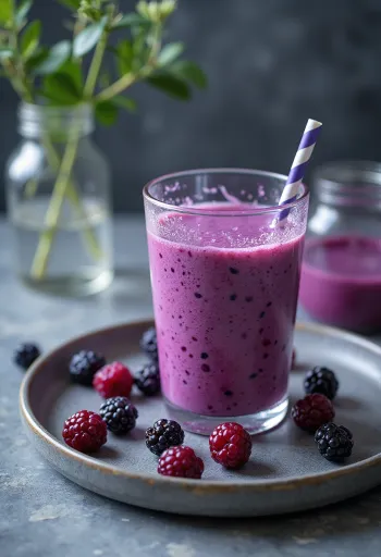 Probiotic blueberry kefir in a glass, pale purple shade, fruity drink