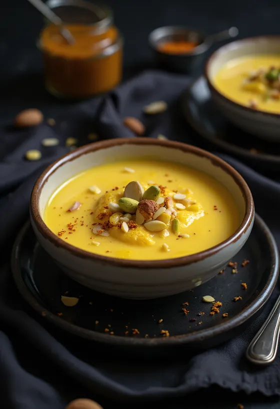 Golden Saffron Basundi in a bowl with pistachios