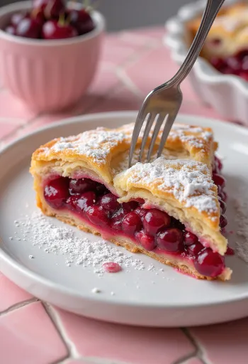 Fresh homemade sour cherry pie dusted with powdered sugar with crispy crust.