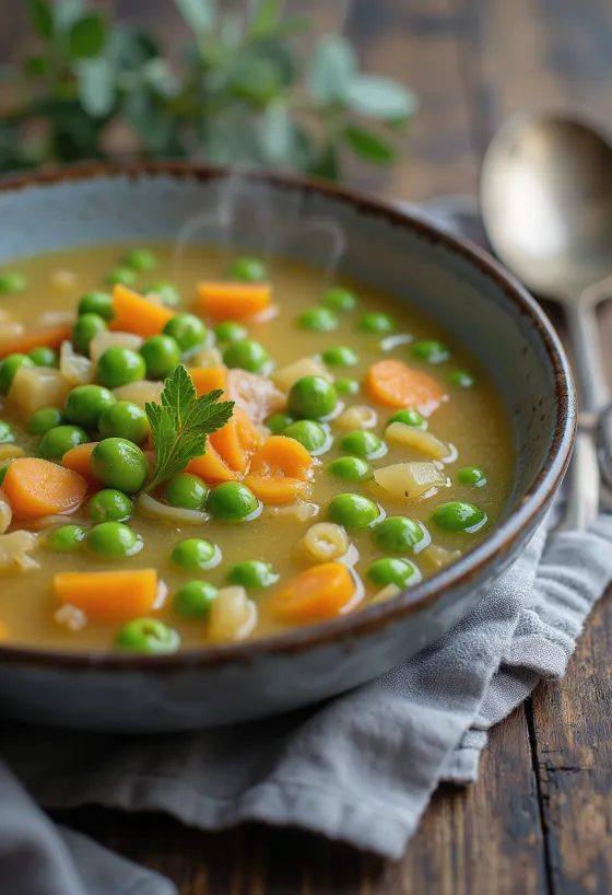 Fresh pea soup garnished with crisp vegetables and parsley