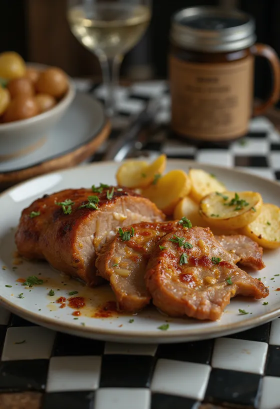 Garlic roasted pork shoulder steaks baked crispy, served with fresh herbs