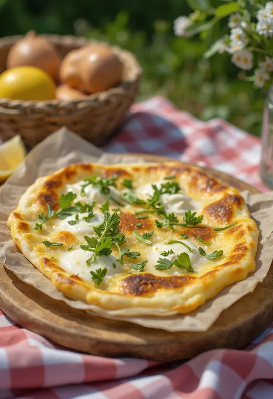 Stack of fresh herb and cheese Gözleme flatbreads