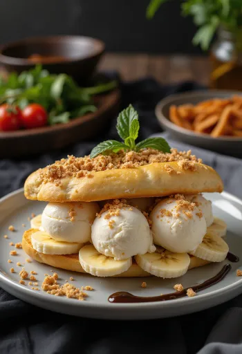 Bánh Mì Kẹp Kem ice cream sandwich served with fresh fruit and chocolate sauce.