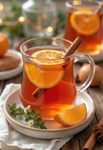 Hot cinnamon-ginger punch garnished with orange slices and cinnamon sticks