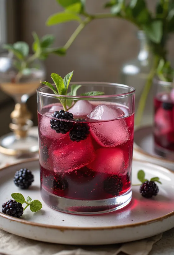 Orange-blackberry cider garnished with an orange slice and blackberries