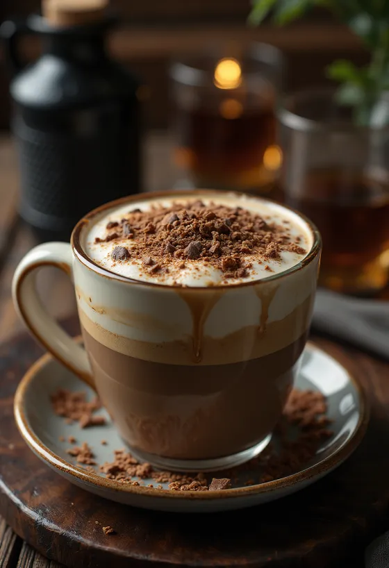 Honey-chocolate latte topped with whipped cream and chocolate shavings