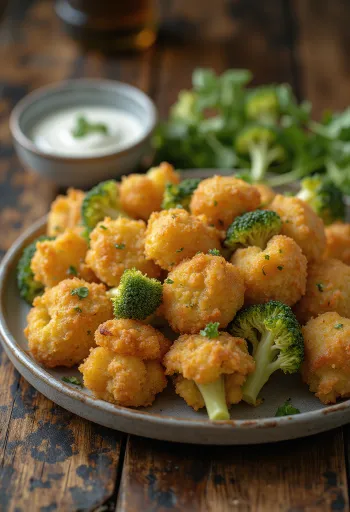 Crispy fried broccoli baked golden brown, served on a plate with fresh lemon slices.