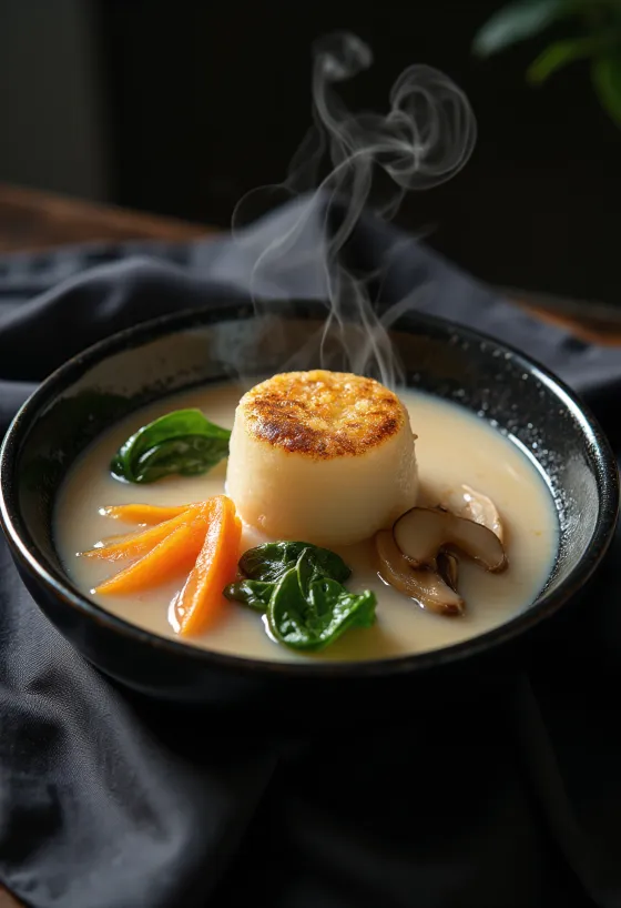 White miso Zoni soup with toasted mochi and vegetables