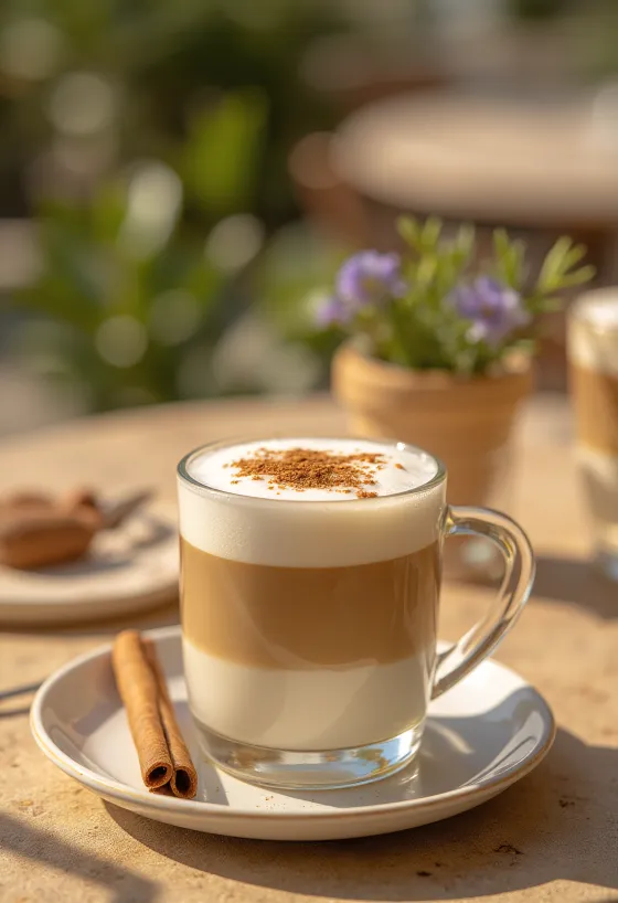 Cinnamon-mint latte garnished with a cinnamon stick and mint leaves