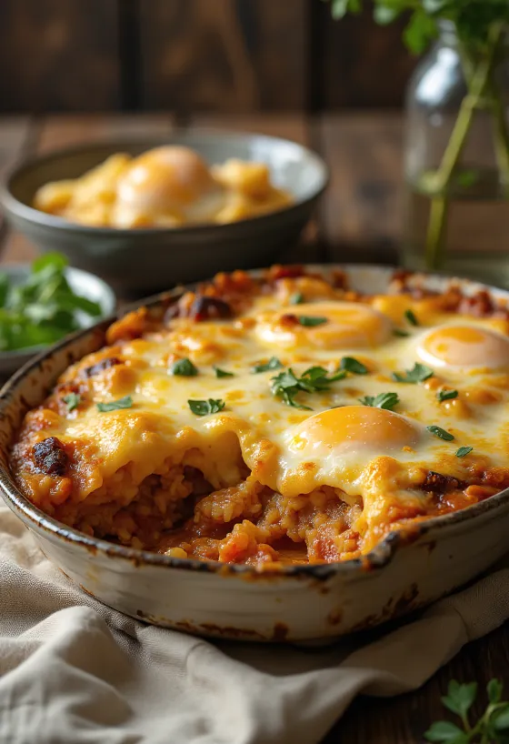 Vegan eggplant moussaka with bulgur served