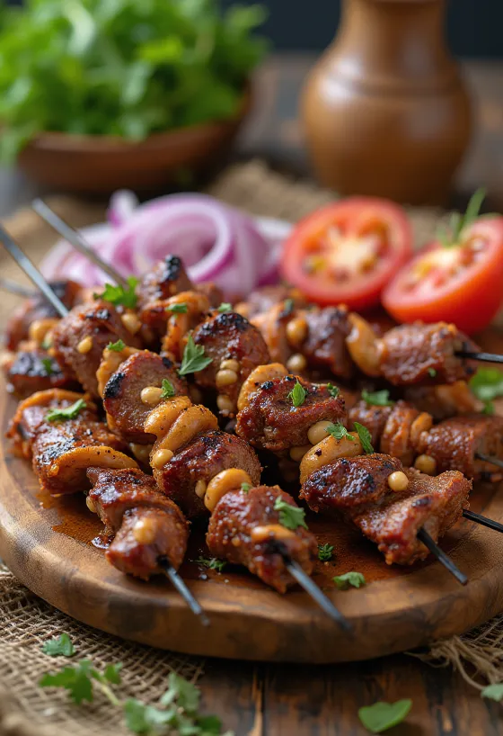 Suya skewers served with onions