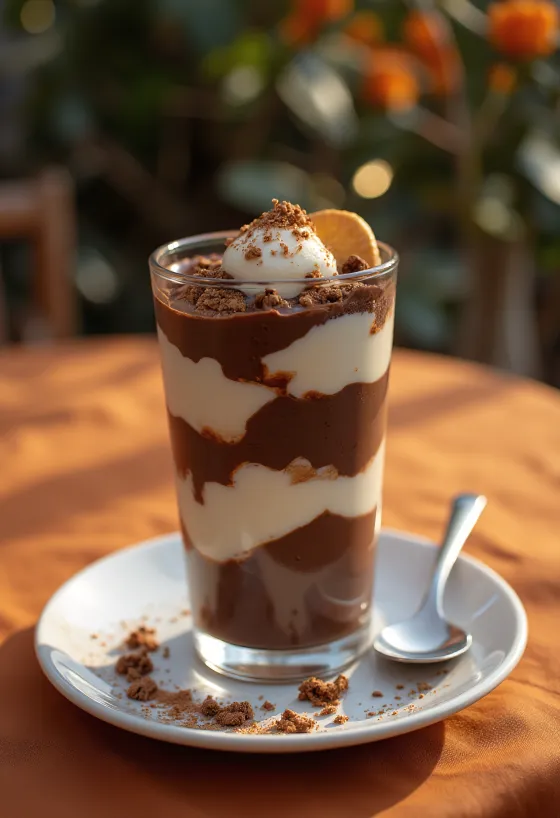 Chocolate parfait layered, garnished with chocolate shavings