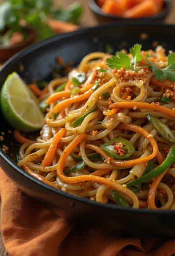 Plate of Mee Goreng fried noodles with cabbage, carrots, and chili