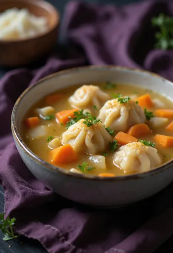 Hot vegetable soup with soft homemade dumplings