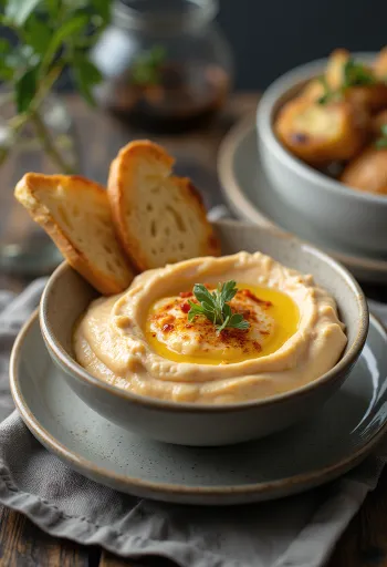 Roasted eggplant and red pepper dip served