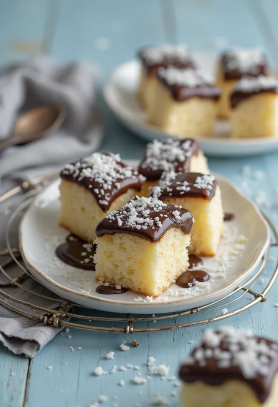 Coconut cubes coated in chocolate and shredded coconut