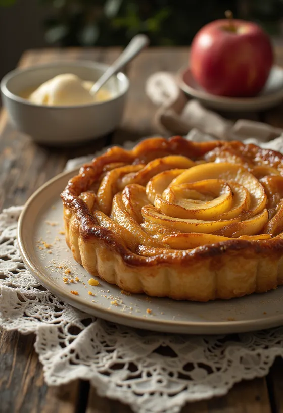 Tarte Tatin with caramel, fresh baked apples, caramelized sugar, and puff pastry