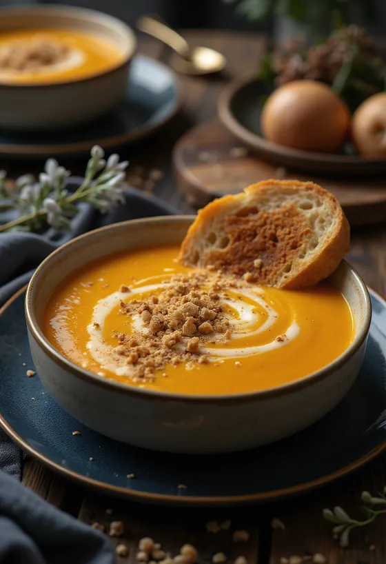 Creamy butternut squash soup topped with roasted seeds and fresh parsley