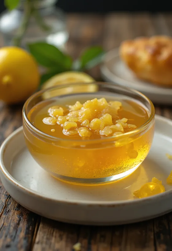 Honey lemon glaze with ginger in a bowl, garnished with lemon slices and ginger.