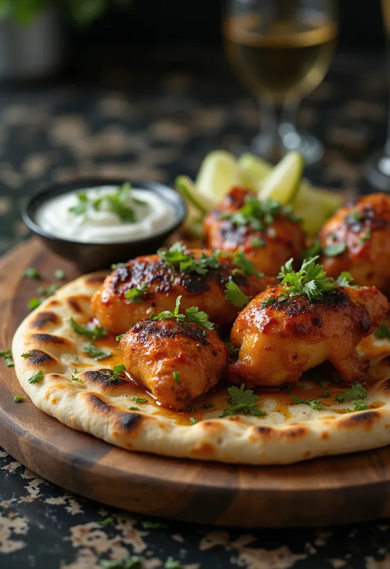 Tandoori chicken naan served fresh with rich spices and fresh cilantro